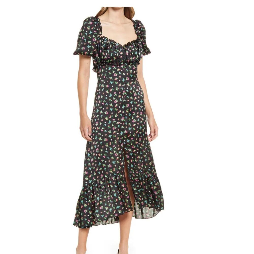 Zara Satin Midi Dress Medium Berry Floral Print Sweetheart Neckline Puff Sleeve